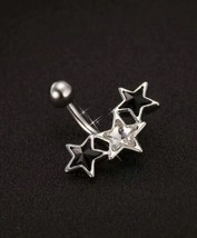 Silver and diamond crystal belly ring / bar with black star charms - £8.80 GBP