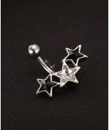 Silver and diamond crystal belly ring / bar with black star charms - £8.86 GBP