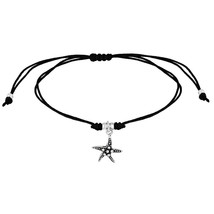 Ocean&#39;s Starfish Sterling Silver Charm Black Cotton Rope Adjustable Bracelet - £9.49 GBP