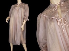 VTG 100% Sheer  Nylon Chiffon House CoatEmbroidery Mojud 1950S Small - $65.05