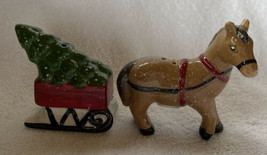 Horse and Sleigh Holiday Christmas Ceramic Salt And Pepper Shakers New 3.5” - $18.99