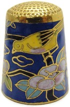 Vintage Cloisonne Brass Thimble Dark Blue Background Yellow Bird Floral Design - £25.89 GBP