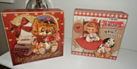 2 New Retro Vintage Valentine Shadowbox Signs Girl W/ Puppy Dog Kitten Kitty Cat - £27.65 GBP