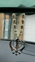 Silver plated punjabi sikh large khanda pendant car hanging white pearl beads - $18.13