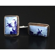 DUTCH STERLING SILVER &amp; DELFT PORCELAIN WINDMILL SCENE CUFF LINKS SKY - £42.68 GBP