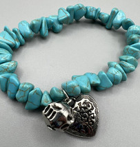 Bracelet Faux Turquoise Stone with Two Charms Stretch Band Fits 8&quot; Wrist or Less - $7.66