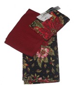 3 April Cornell Merry Black Poinsettias Textured Squares Kitchen Towels NWT - $37.03 CAD