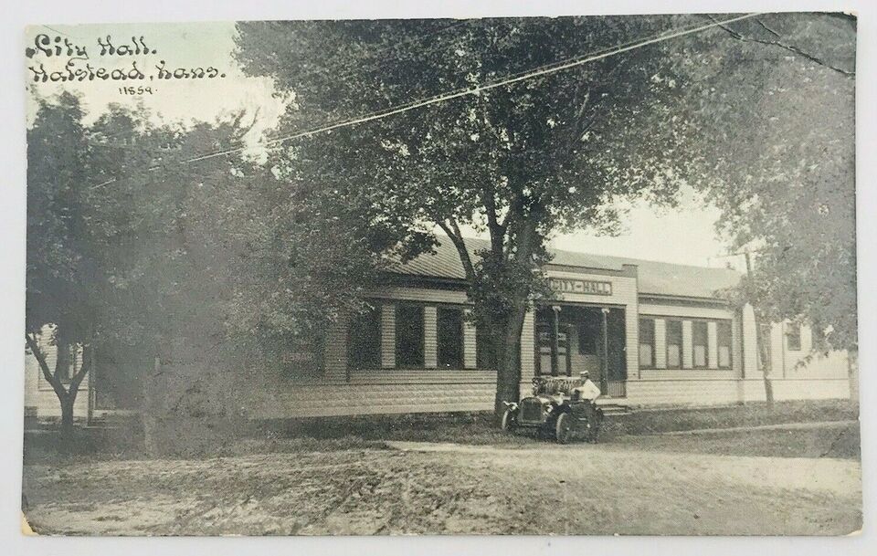 Primary image for Vintage 1914 City Hall Halstead Kansas w/ Car Postcard 11859 -- 5.5" x 3.5"