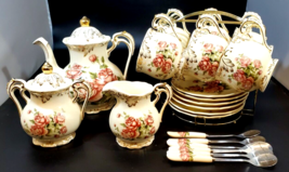 24 Piece YOLIFE Pink Roses Teacups and Saucers Set, Ivory Ceramic Beautiful Set - £119.06 GBP
