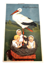 Vintage Postcard Stork 3 Babies Nest Chimney Adoption Hearty Congratulat... - £14.48 GBP