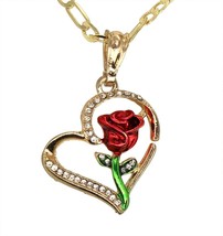 Rose Flower Heart CZ Pendant 20&quot; Figaro Necklace 14k Gold Plated Jewelry - £7.59 GBP