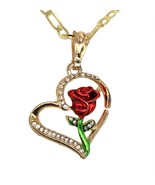 Rose Flower Heart CZ Pendant 20&quot; Figaro Necklace 14k Gold Plated Jewelry - £7.43 GBP