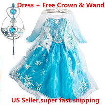 Classic Princess ELSA Dress Cosplay Party Dress Up + Free Crown &amp; Wand - £12.68 GBP+