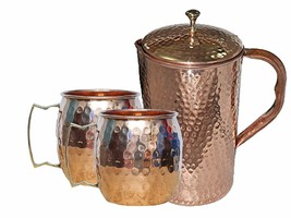 Pure Copper Hammered Jug With Moscow Mug for Drinking Water and Storage Set 3Pcs - £42.92 GBP