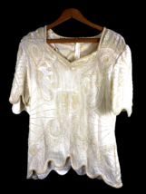 Vintage Scala Beaded Embellished Top Silk Ivory White Medium Holiday Par... - $37.80 CAD