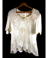 Vintage Scala Beaded Embellished Top Silk Ivory White Medium Holiday Par... - $37.96 CAD