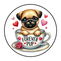 PUG VALENTINES STICKERS ENVELOPE SEALS LABELS 1.5&quot; ROUND (30) PUPPY HEARTS - £5.79 GBP