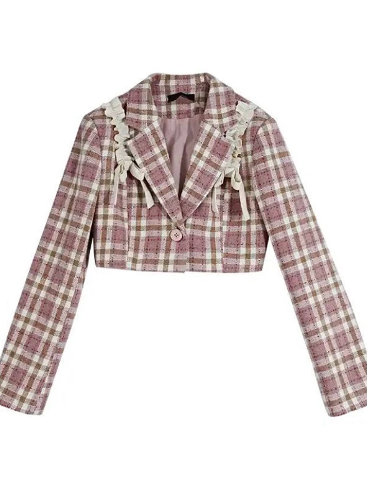 Gothiscyn Preppy Women Suit Blazer Jakcet Crop Pink Plaid Mini Skirt 2 Pieces Sp - £127.20 GBP
