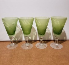 4 Tropical Leaves Etched Frosted &amp; Clear Green Blown Glass Water Wine Go... - £58.40 GBP