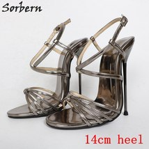 Shiny Grey Thin Metal High Heel 14Cm Cross Straps Sandals Women Custom Red Botto - £259.93 GBP