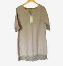 NWT Alessia Pacini Linen Mini Shift Tunic Dress Sand Italy Medium Lace - $37.99