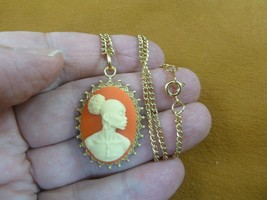 CA10-171) RARE African American LADY orange + ivory CAMEO brass pendant necklace - £21.72 GBP