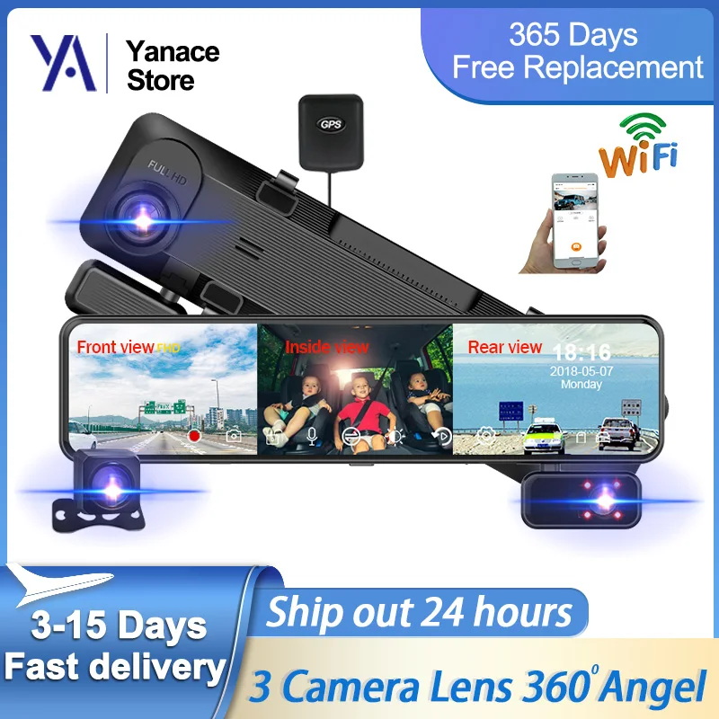 Yanace 3 Channel Car Dvr Mirror HD 1080P 3 Lens Video Recorder Front/Inside/Rear - £106.18 GBP+