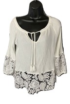 XOXO Womens Top Crochet lace White Sz L Long sleeves Drawstring - £10.31 GBP