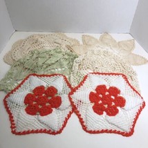 6 Crocheted Doilies Circle Oval White Red Green Natural Vintage - £10.27 GBP
