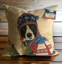 Rolande Du Dreuilh Dog Skier 18x18&quot; Square Tapestry Pillow Alpine Chalet France - £74.78 GBP