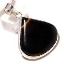 Cabochon Black Agate Hand Polished Gemstone 925 Silver Overlay Handmade Pendant - £7.95 GBP