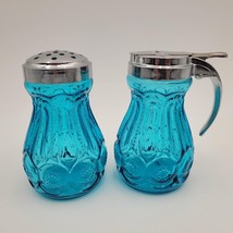 Rare LE Smith Moon and Stars Colonial Blue Glass Syrup Pitcher &amp; Sugar Shaker - £138.48 GBP