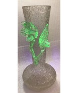 Bohemian Blown Crackle Glass Vase With Green Vaseline Glass Flower Art - £117.84 GBP