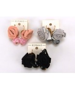 3 Pairs Fashion Earrings, Black/Pink/Gold, Fabric Rose, Bead Dangler, Go... - $278.92 MXN