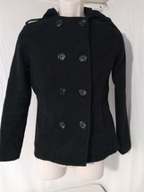 so Women&#39;s sz m Solid Black Cotton Button Front Peacoat Jacket - £9.58 GBP