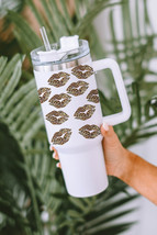 White Valentine Leopard Lips Print Thermos Cup with Straw 40oz - $506.35 MXN
