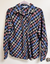 Foxcroft Blk Brown Blue Red Plaid Shirt Blouce Women&#39;s Cotton SZ 16 Wrin... - $28.22