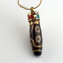 Unique 7 Eyes Tibetan Nepalese Agate bead dzi pendant Gold Plated Chain ... - $73.60