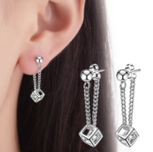 925 Sterling Silver Zirconia Cube Drop Chain Stud Earrings - £15.79 GBP