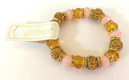 Bracelet: 3-7&quot; Double-stretch Elastic Duro Dipped GOLD/PINK CRYSTALS/BEADS/STONE - £2.39 GBP