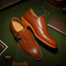 Handmade men&#39;s bespoke genuine calf leather tan monk strap dress shoes - £142.22 GBP+