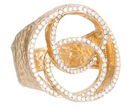 Chunky Textured Gold Plated Aurora Rhinestone Hinge Cuff Fancy Fashion Bracelet - £46.11 GBP