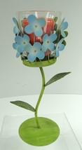 Blue Flowers Candle Holder w/ Strawberry Daiquiri Yankee Candle Votive - 7.5&quot; - £15.20 GBP