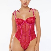 READ* Savage X Fenty Ribbon Writing Lace Teddy &quot;Bite Me&quot; Gogi Berry Red ... - $35.00