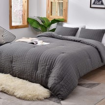 AveLom Seersucker Queen Comforter Set (90x90 inches), 3 Pieces- 100% Soft, Grey - £45.86 GBP