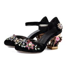 crystal mary jane shoes women flower med fretwork heels velvet sheepskin materia - £94.41 GBP