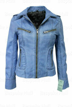 New Women&#39;s Luxury Jacket Blue Crust Real Cowhide Leather Biker Style De... - $161.99+