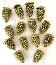 Lot 14 Glittery Gold Faux Pine Cones Vintage Christmas Holiday Ornaments 4.5&quot; - £52.31 GBP