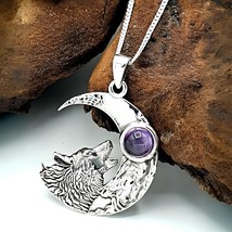 Wolf Moon Pendant Amethyst Howling Chain Necklace 925 Sterling Silver With Box - £34.60 GBP