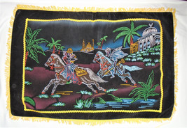 Black Velvet Painted Pillow Cover Horses Sultan Middle East Vintage Souvenir - £11.87 GBP